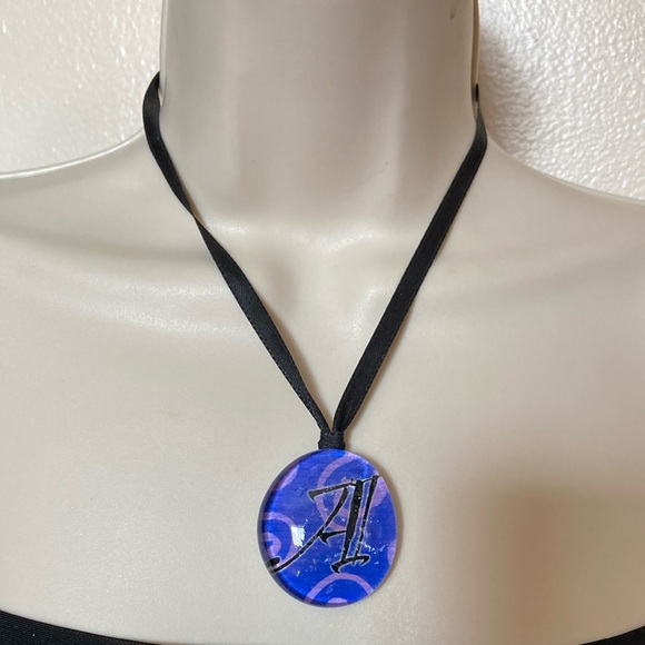 Hand Crafted Jewelry - Letter A Initial Print Chunky Glass Pendant Ribbon Necklace